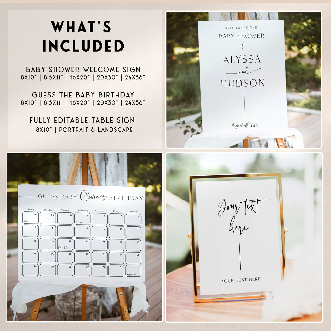 full baby shower bundle, editable baby shower games, baby shower invitations, full editable baby shower suite, minimal baby bundle