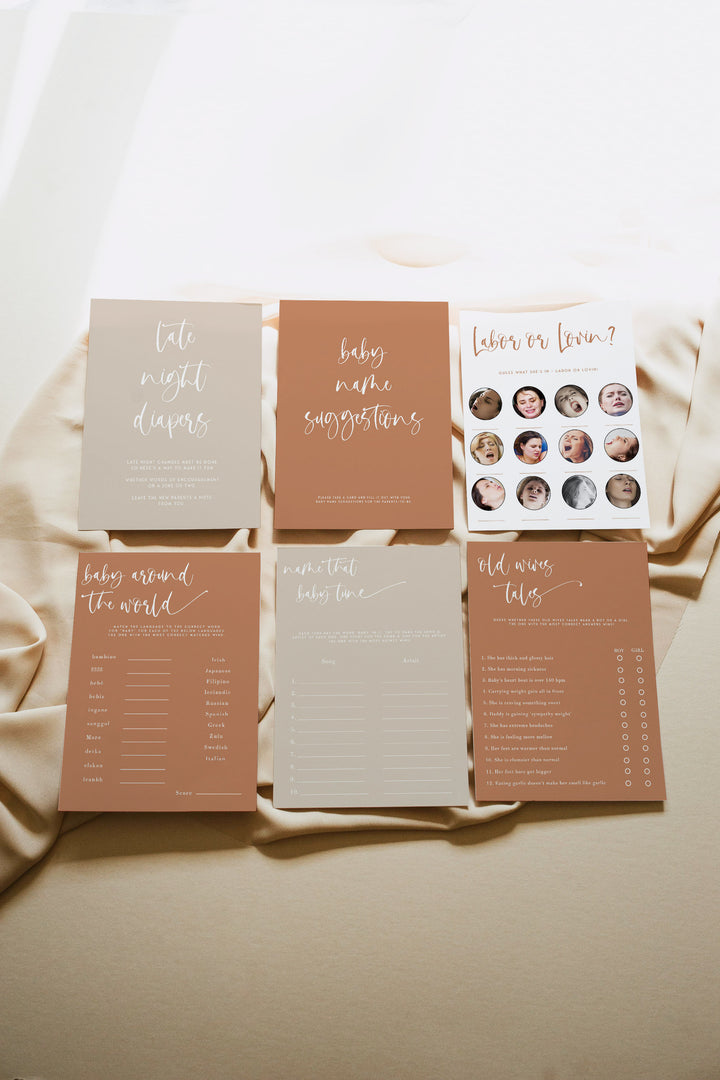 60 editable baby shower games, printable baby shower games, terracotta baby shower games, fully editable baby shower games