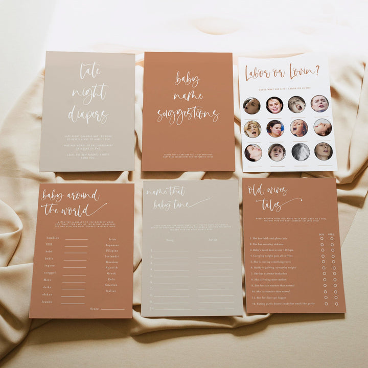 editable baby shower games, editable baby shower ideas, terracotta baby shower, terracotta baby shower ideas