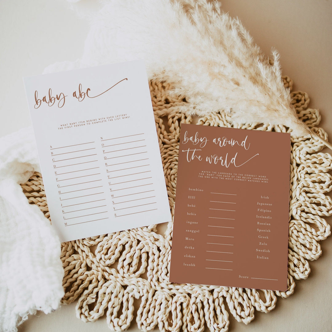 editable baby shower games, editable baby shower ideas, terracotta baby shower, terracotta baby shower ideas