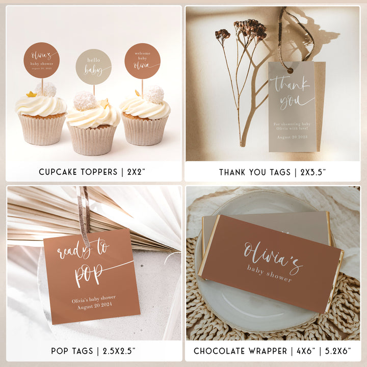 fully editable baby shower bundle, printable baby shower games, terracotta baby shower, baby shower invitations