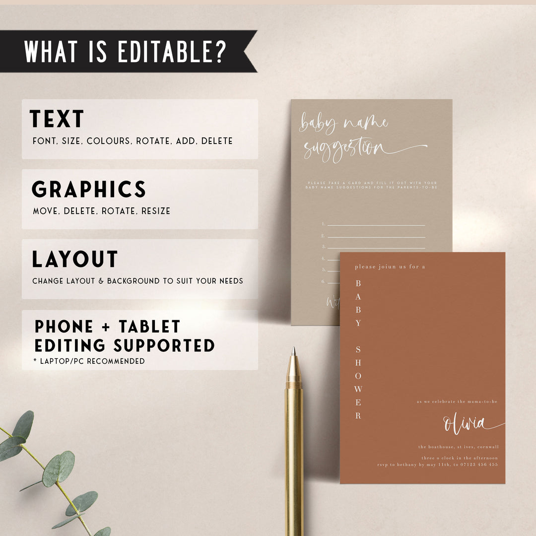 fully editable baby shower bundle, printable baby shower games, terracotta baby shower, baby shower invitations