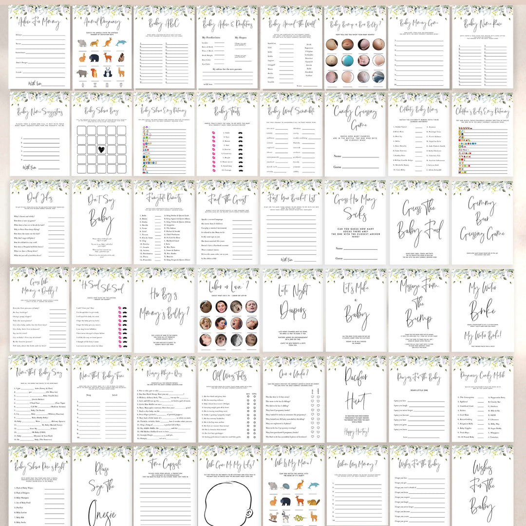 60 editable baby shower games, floral baby shower games, editable baby games, printable baby shower games, summer baby shower games