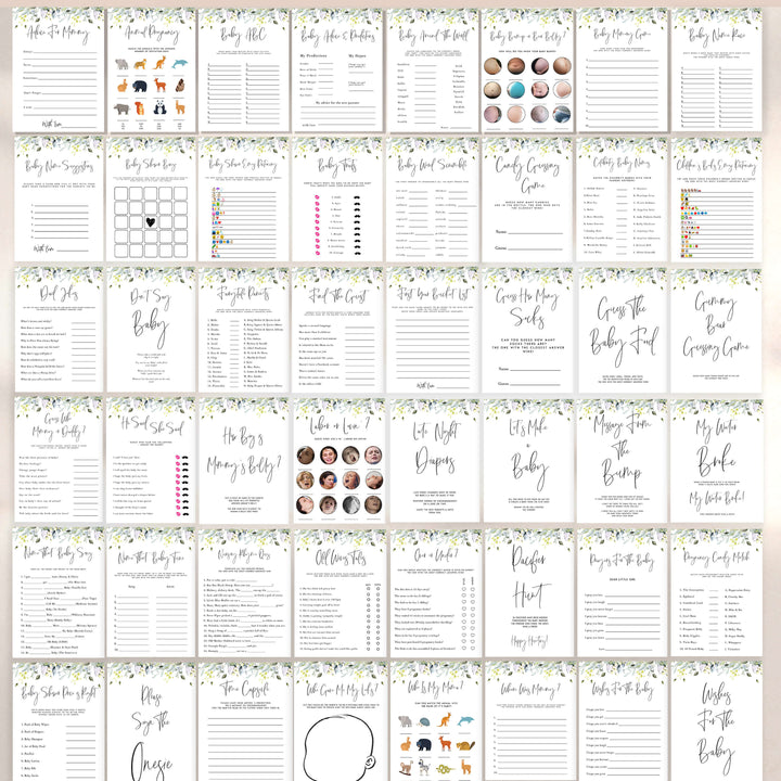 60 editable baby shower games, floral baby shower games, editable baby games, printable baby shower games, summer baby shower games