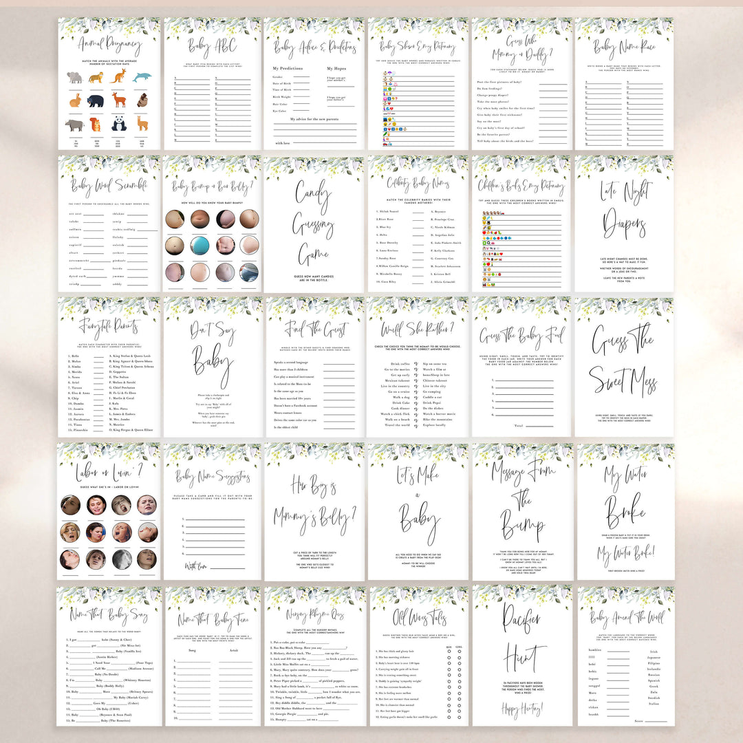 30 editable baby games, summer garden baby shower, editable baby shower games, printable baby shower games, floral baby shower games, fun baby game