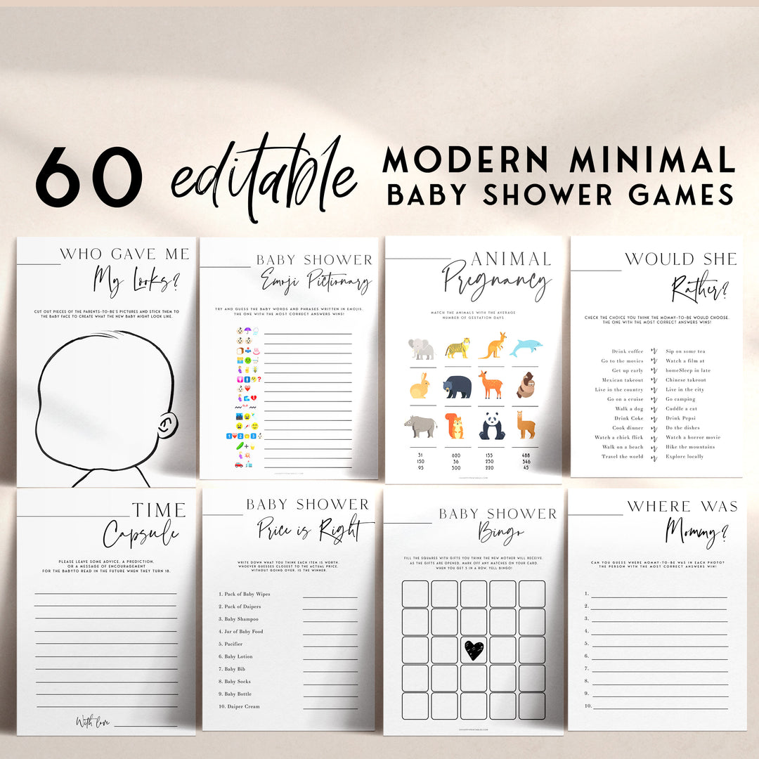 60 editable baby shower games, modern baby shower games, baby shower games bundle, best baby shower games, simple baby shower games