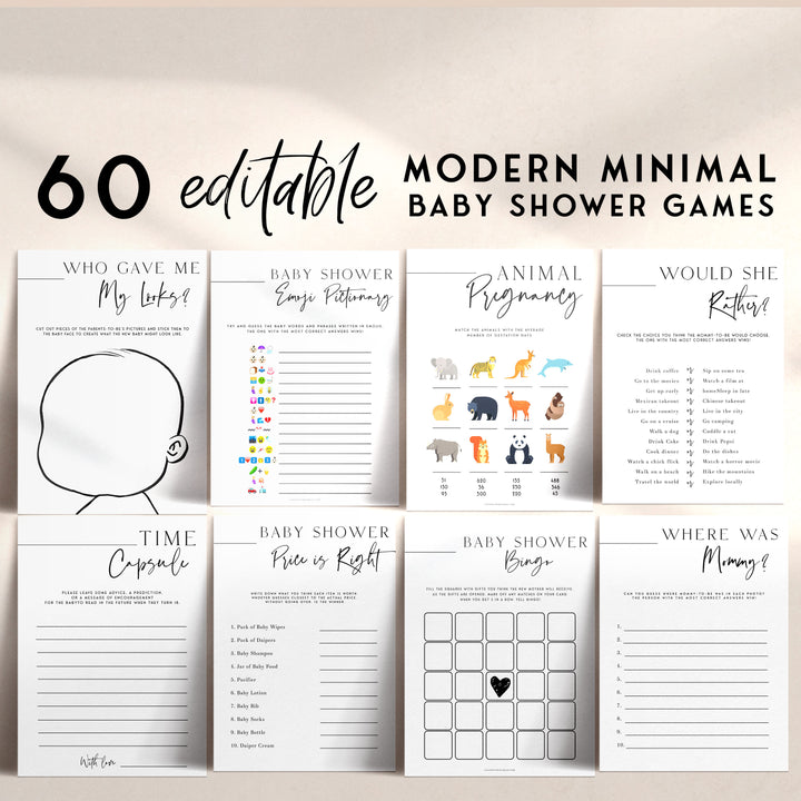 60 editable baby shower games, modern baby shower games, baby shower games bundle, best baby shower games, simple baby shower games