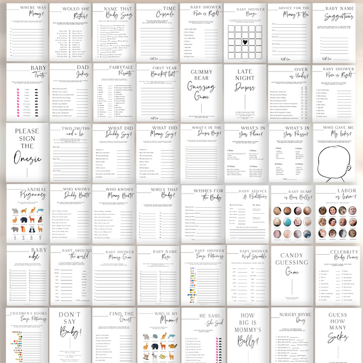 60 editable baby shower games, modern baby shower games, baby shower games bundle, best baby shower games, simple baby shower games