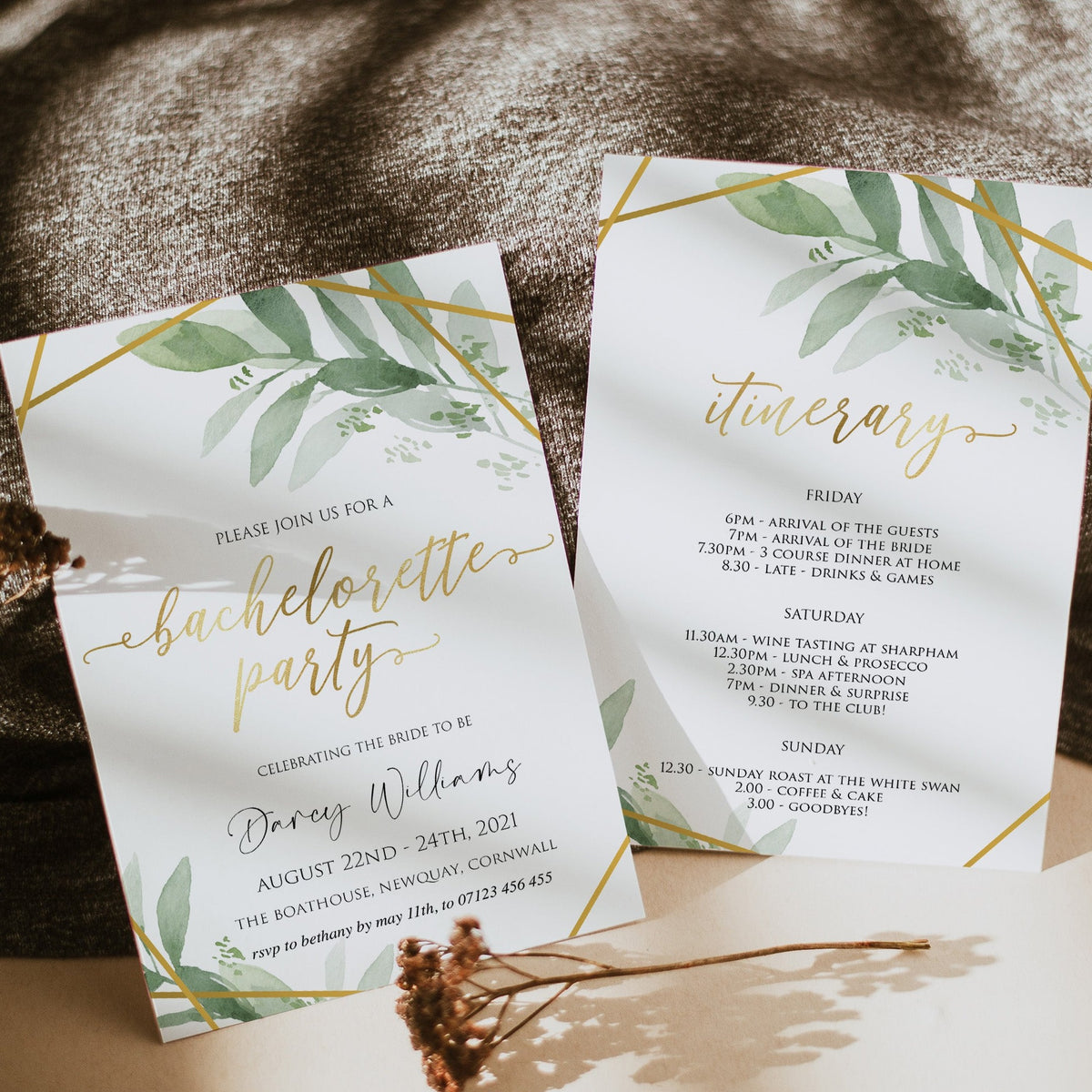 EDITABLE Bachelorette Party Invitation - Gold Greenery