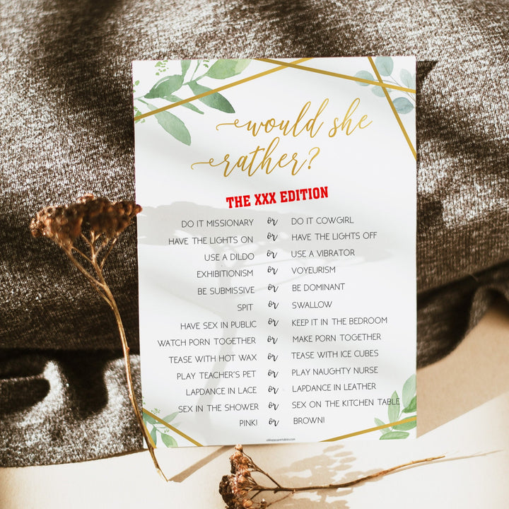 xxx would she rather bridal game, printable bridal shower games, floral bridal shower games