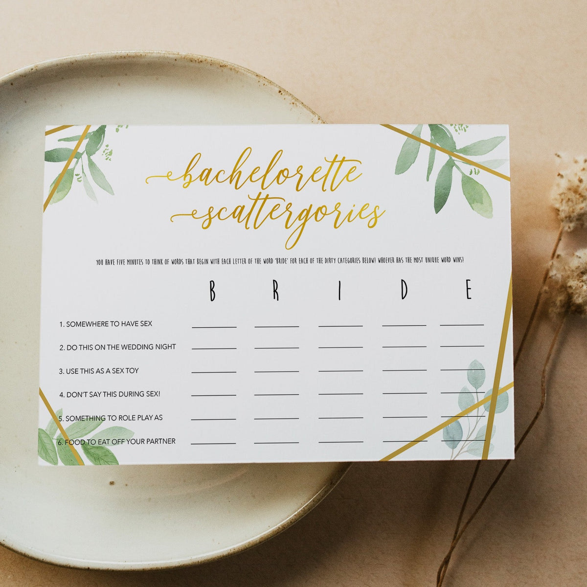 Dirty Bachelorette Scattergories - Gold Greenery