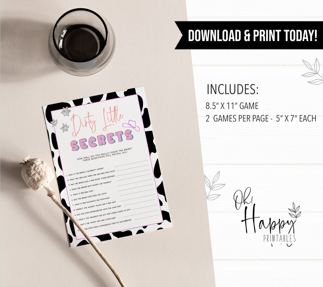 dirty little secrets game, Space cowgirl bachelorette party games, printable bachelorette party games, dirty hen party games, adult party games, disco bachelorette games