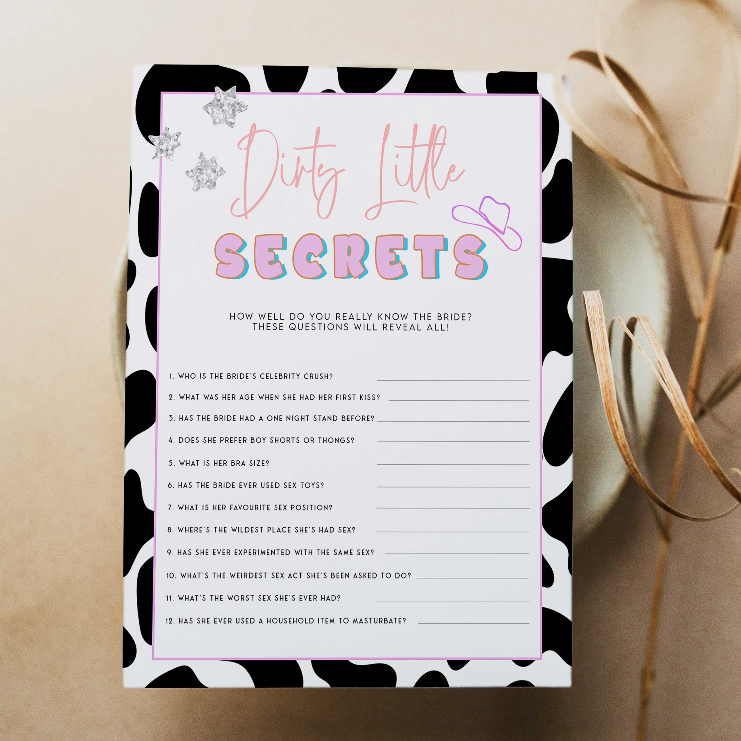 dirty little secrets game, Space cowgirl bachelorette party games, printable bachelorette party games, dirty hen party games, adult party games, disco bachelorette games