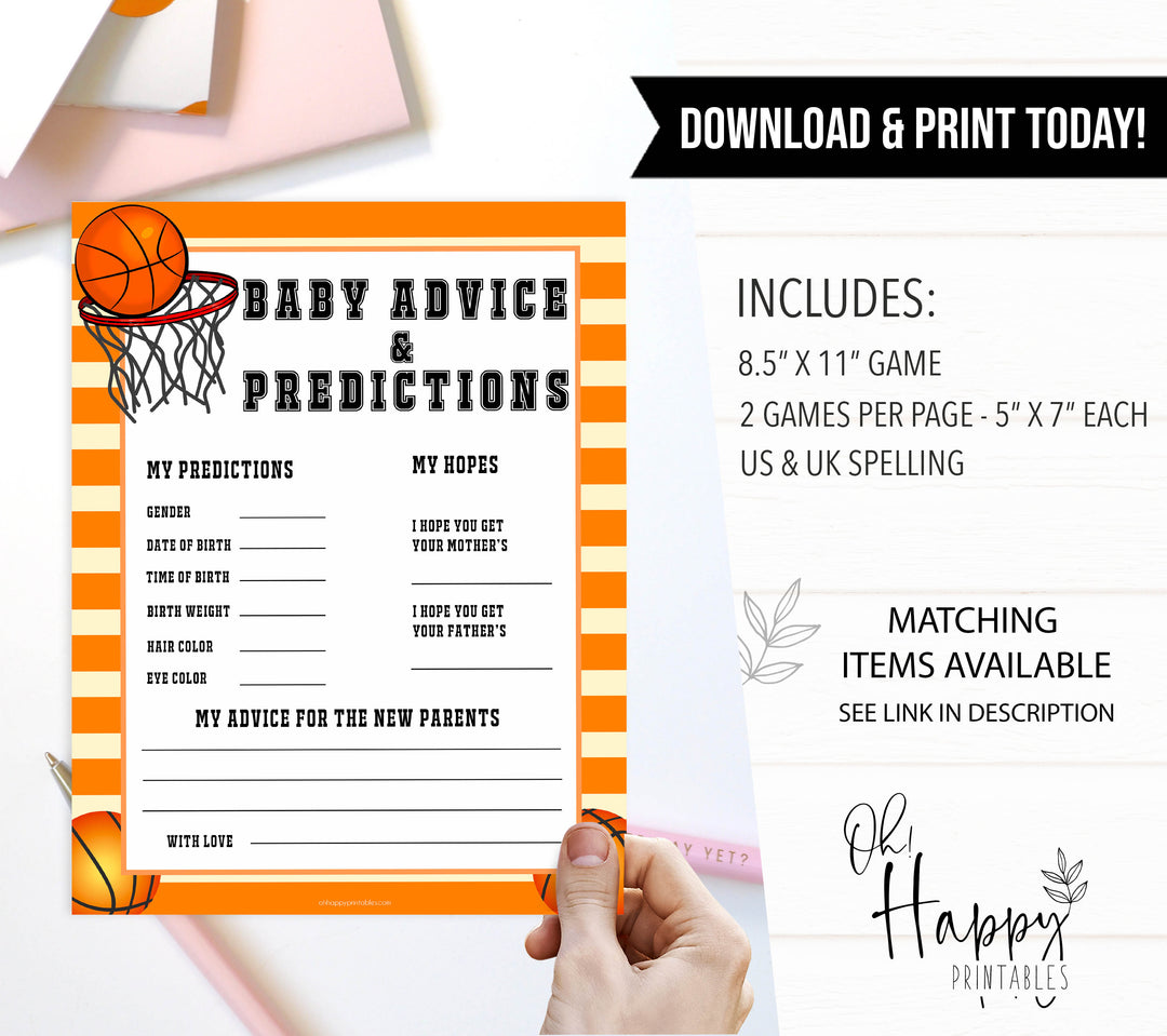 Basketball baby shower games, baby advice and predictions baby game, printable baby games, basket baby games, baby shower games, basketball baby shower idea