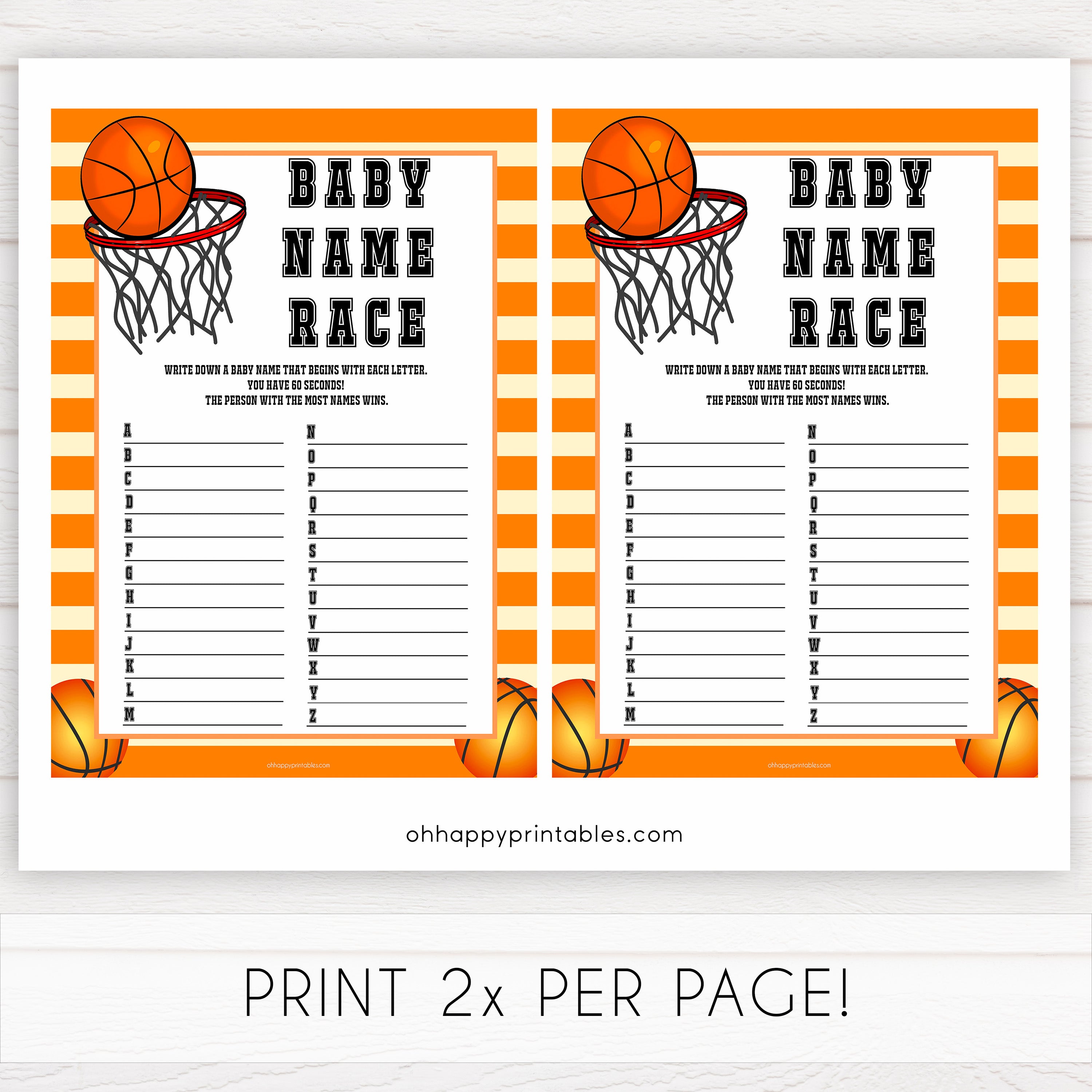 Basketball baby shower games, baby name race, baby game, printable baby games, basket baby games, baby shower games, basketball baby shower idea, fun baby games, popular baby games