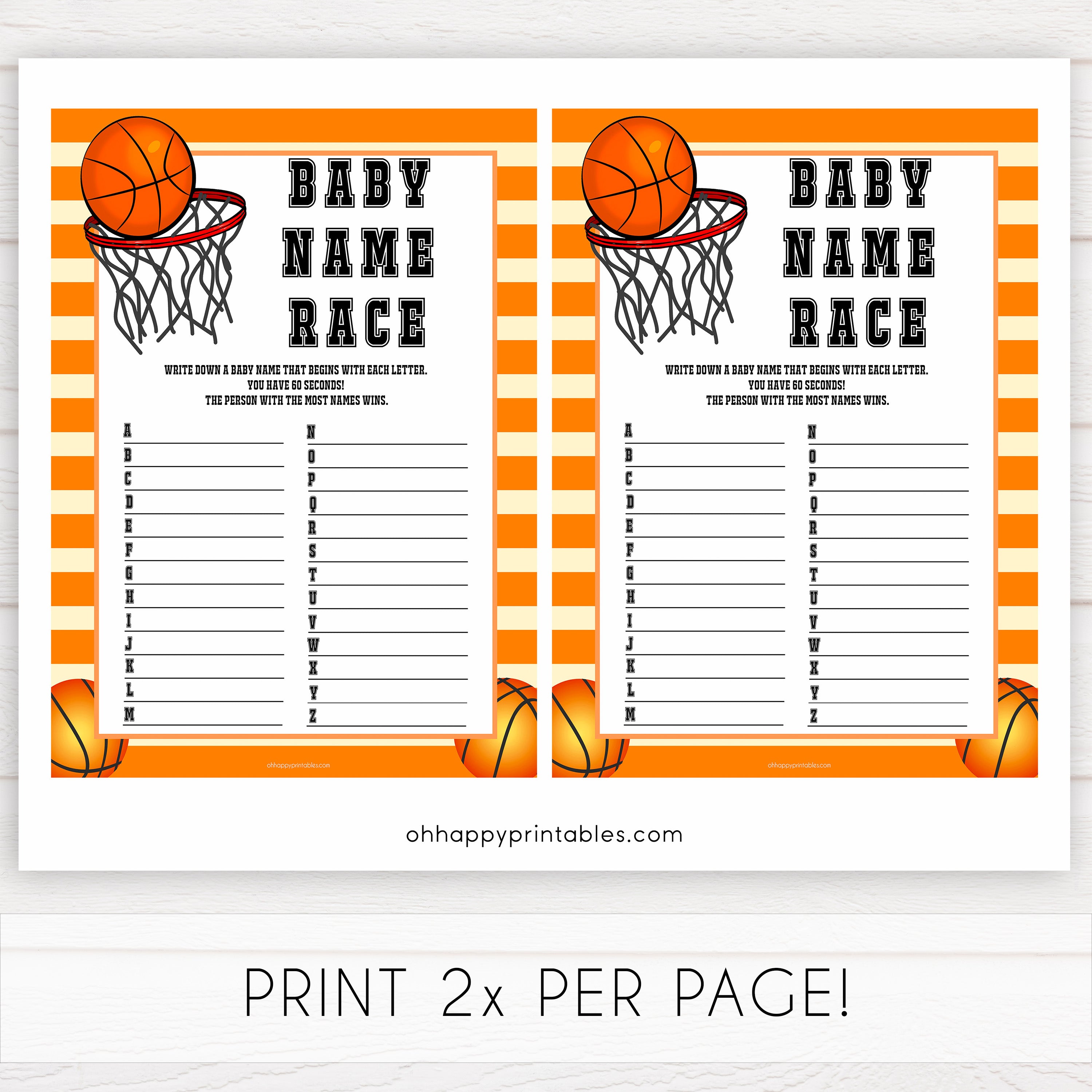 Basketball baby shower games, baby name race, baby game, printable baby games, basket baby games, baby shower games, basketball baby shower idea, fun baby games, popular baby games