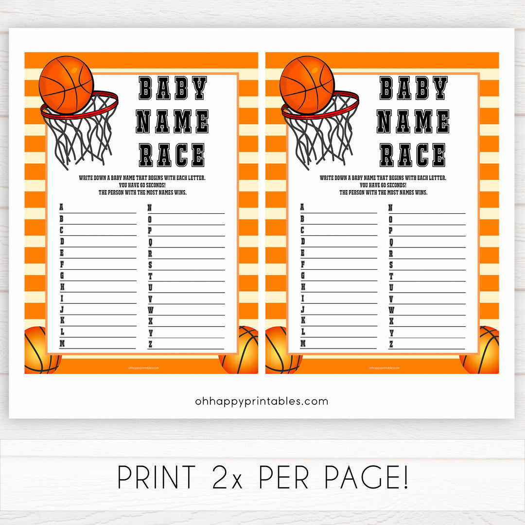 Basketball baby shower games, baby name race, baby game, printable baby games, basket baby games, baby shower games, basketball baby shower idea, fun baby games, popular baby games