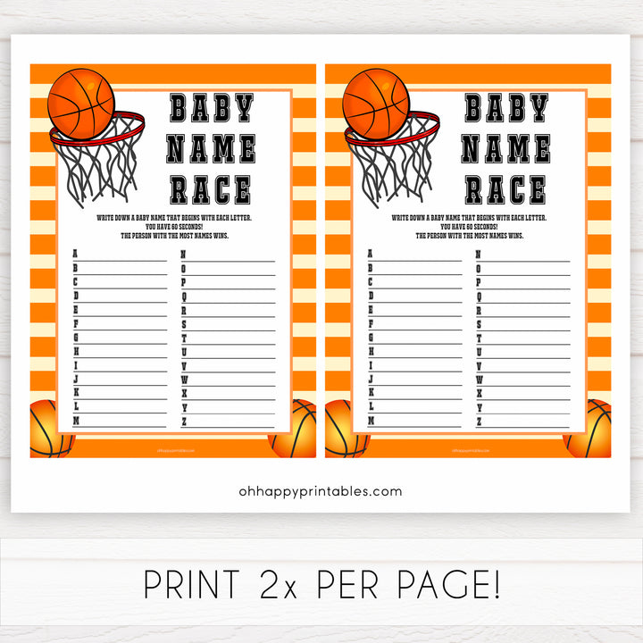Basketball baby shower games, baby name race, baby game, printable baby games, basket baby games, baby shower games, basketball baby shower idea, fun baby games, popular baby games