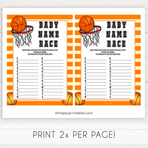 Basketball baby shower games, baby name race, baby game, printable baby games, basket baby games, baby shower games, basketball baby shower idea, fun baby games, popular baby games