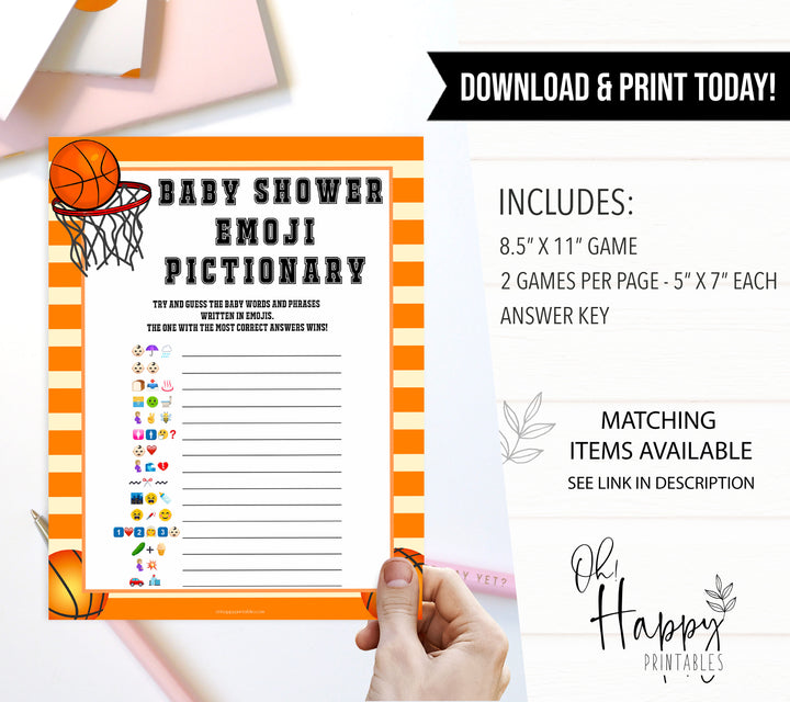 Basketball baby shower games, baby emoji pictionary baby game, printable baby games, basket baby games, baby shower games, basketball baby shower idea, fun baby games, popular baby games