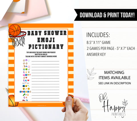 Basketball baby shower games, baby emoji pictionary baby game, printable baby games, basket baby games, baby shower games, basketball baby shower idea, fun baby games, popular baby games