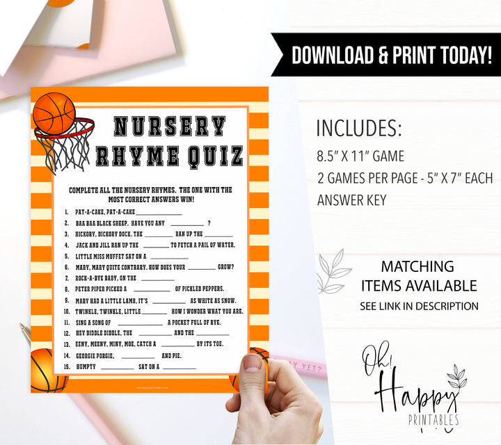 Basketball baby shower games, nursery rhyme quiz baby game, printable baby games, basket baby games, baby shower games, basketball baby shower idea, fun baby games, popular baby games