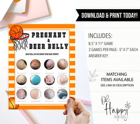 Basketball baby shower games, Pregnant or Beer Belly baby game, printable baby games, basket baby games, baby shower games, basketball baby shower idea, fun baby games, popular baby games
