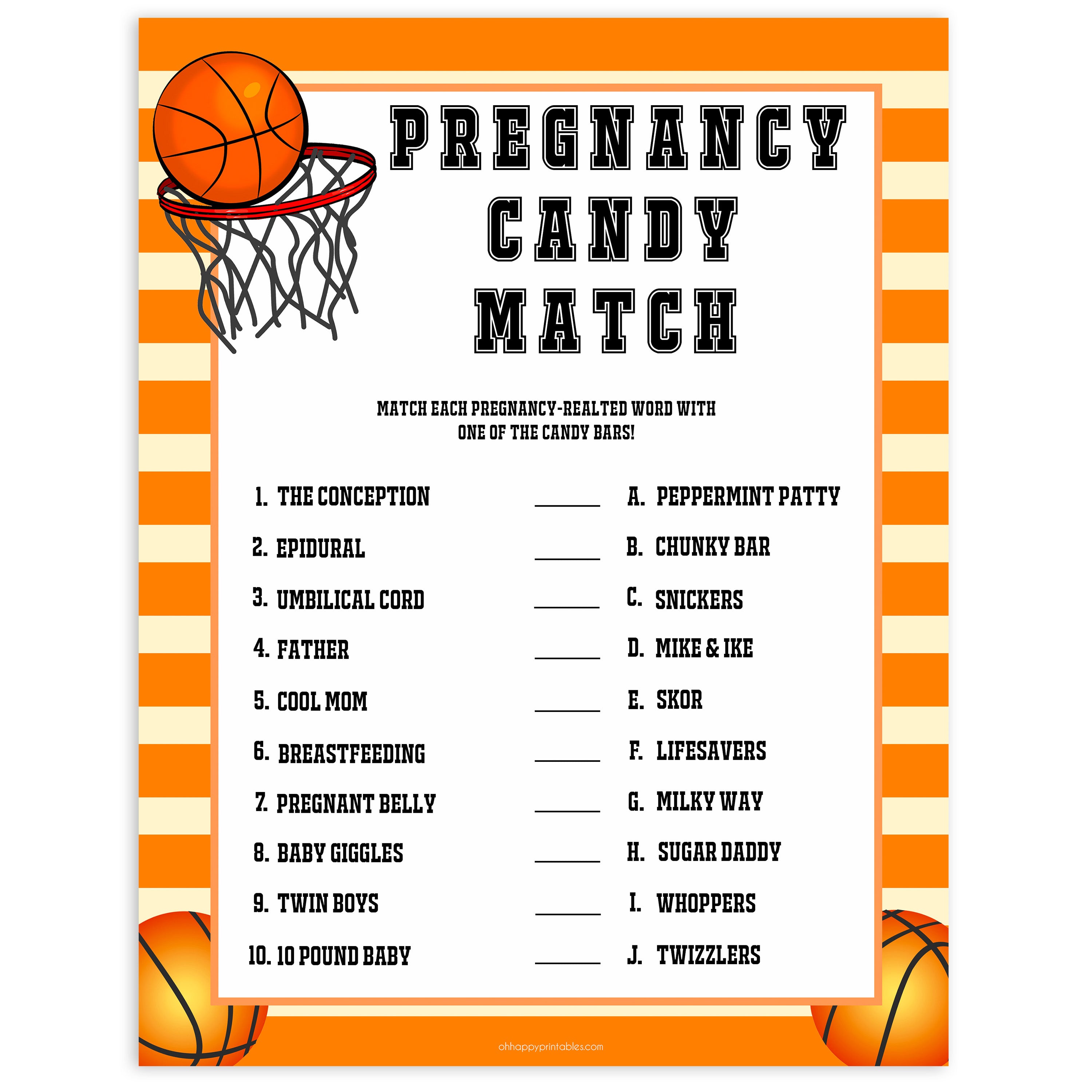 Basketball baby shower games, pregnancy candy match baby game, printable baby games, basket baby games, baby shower games, basketball baby shower idea, fun baby games, popular baby games