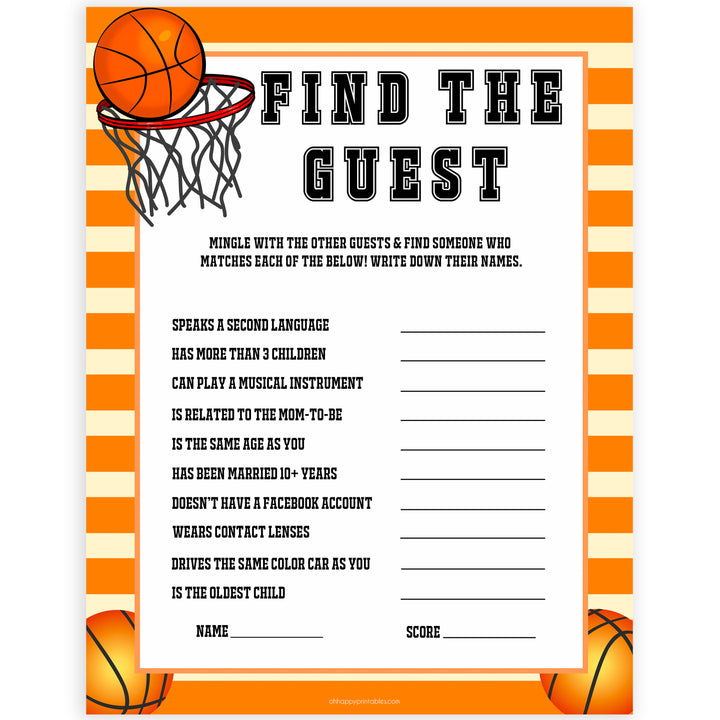 Basketball baby shower games, find the guest baby game, printable baby games, basket baby games, baby shower games, basketball baby shower idea, fun baby games, popular baby games