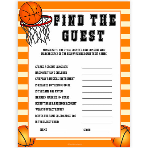 Basketball baby shower games, find the guest baby game, printable baby games, basket baby games, baby shower games, basketball baby shower idea, fun baby games, popular baby games