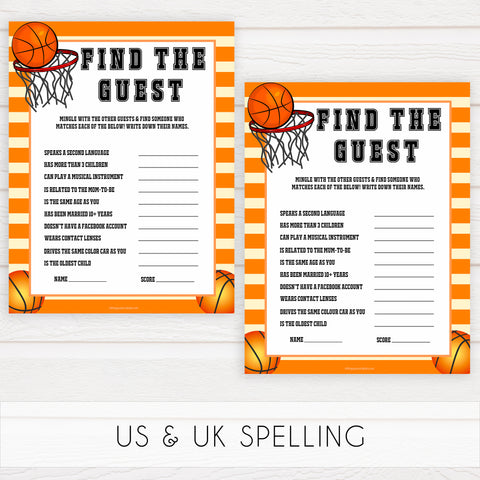 Basketball baby shower games, find the guest baby game, printable baby games, basket baby games, baby shower games, basketball baby shower idea, fun baby games, popular baby games