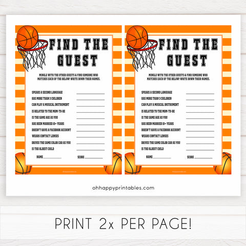 Basketball baby shower games, find the guest baby game, printable baby games, basket baby games, baby shower games, basketball baby shower idea, fun baby games, popular baby games
