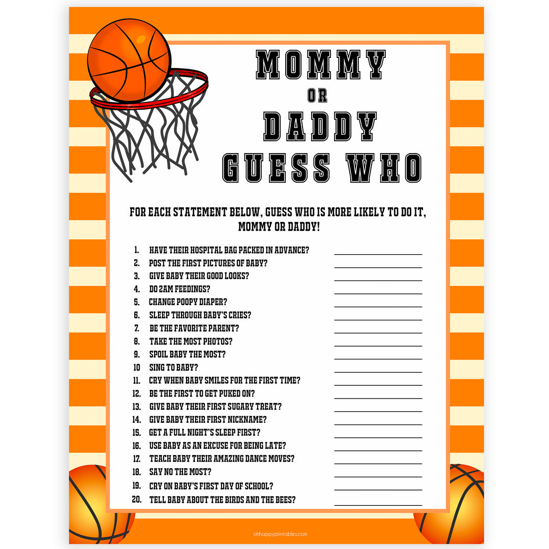 Basketball baby shower games, mommy or daddy guess who baby game, printable baby games, basket baby games, baby shower games, basketball baby shower idea, fun baby games, popular baby games