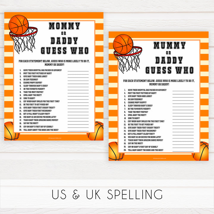 Basketball baby shower games, mommy or daddy guess who baby game, printable baby games, basket baby games, baby shower games, basketball baby shower idea, fun baby games, popular baby games