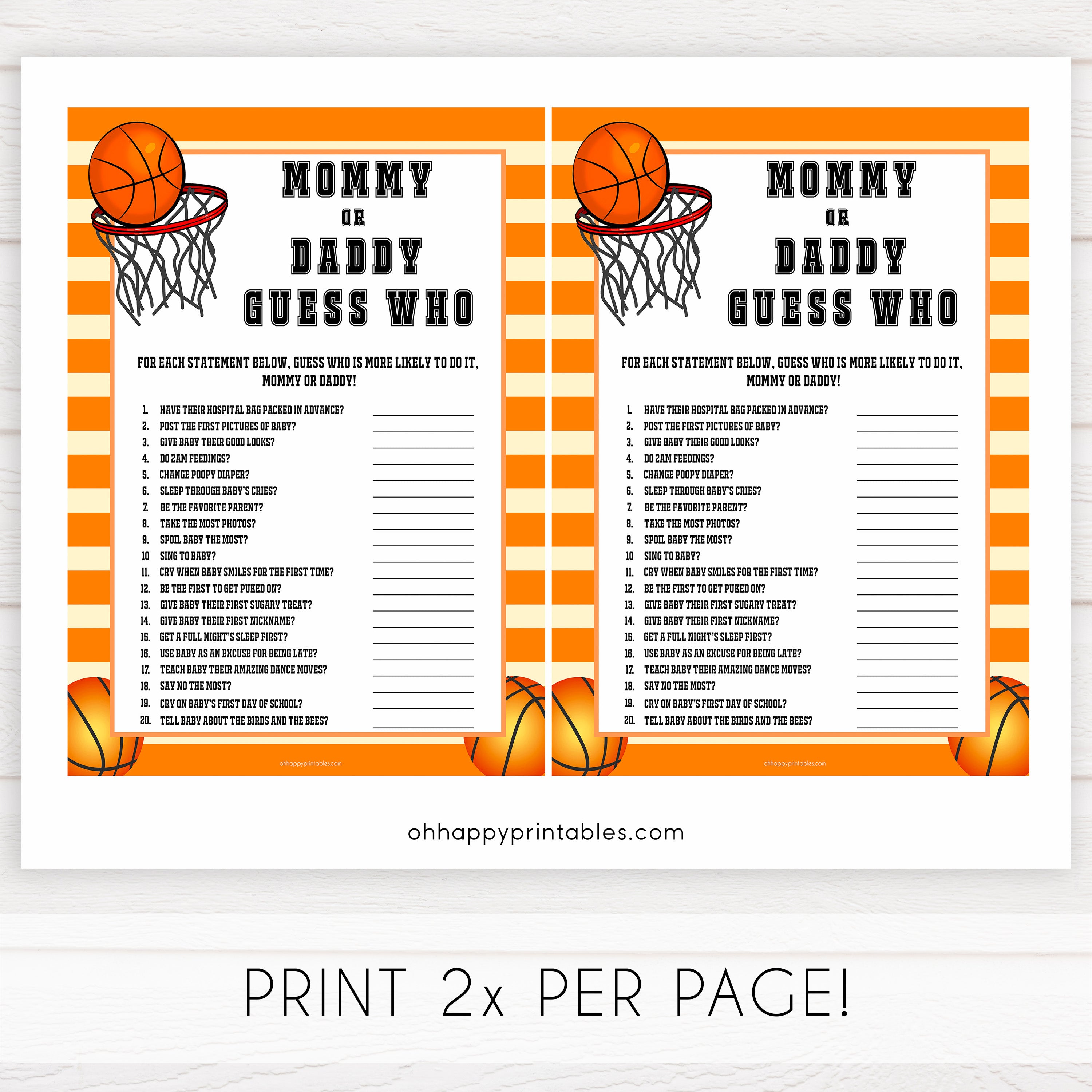 Basketball baby shower games, mommy or daddy guess who baby game, printable baby games, basket baby games, baby shower games, basketball baby shower idea, fun baby games, popular baby games
