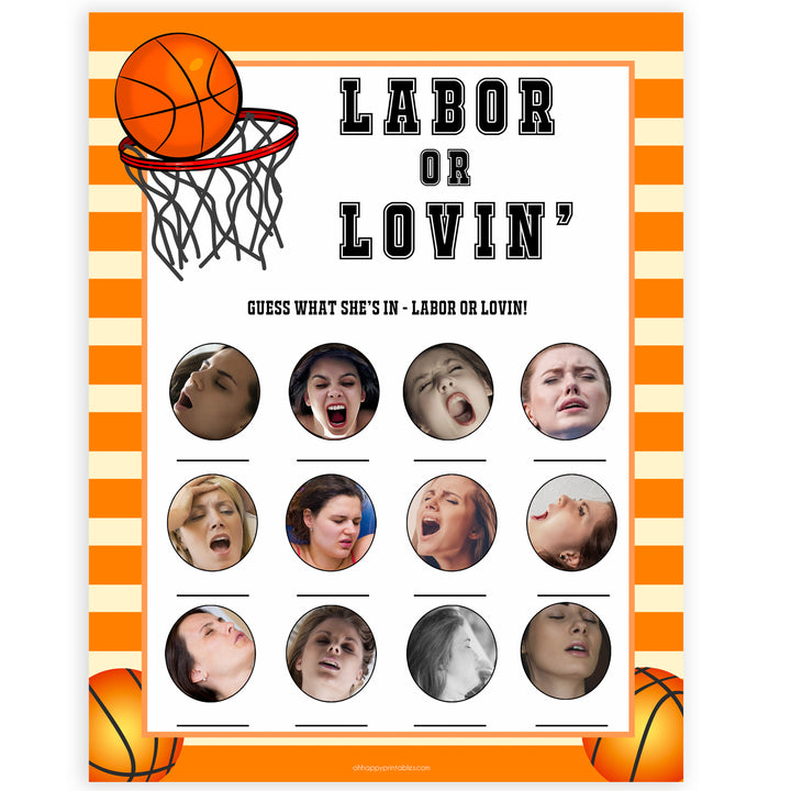 Basketball baby shower games, labor or lovin, labour or lovin baby game, printable baby games, basket baby games, baby shower games, basketball baby shower idea, fun baby games, popular baby games