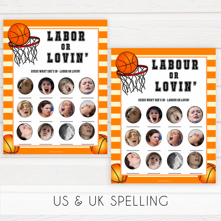 Basketball baby shower games, labor or lovin, labour or lovin baby game, printable baby games, basket baby games, baby shower games, basketball baby shower idea, fun baby games, popular baby games
