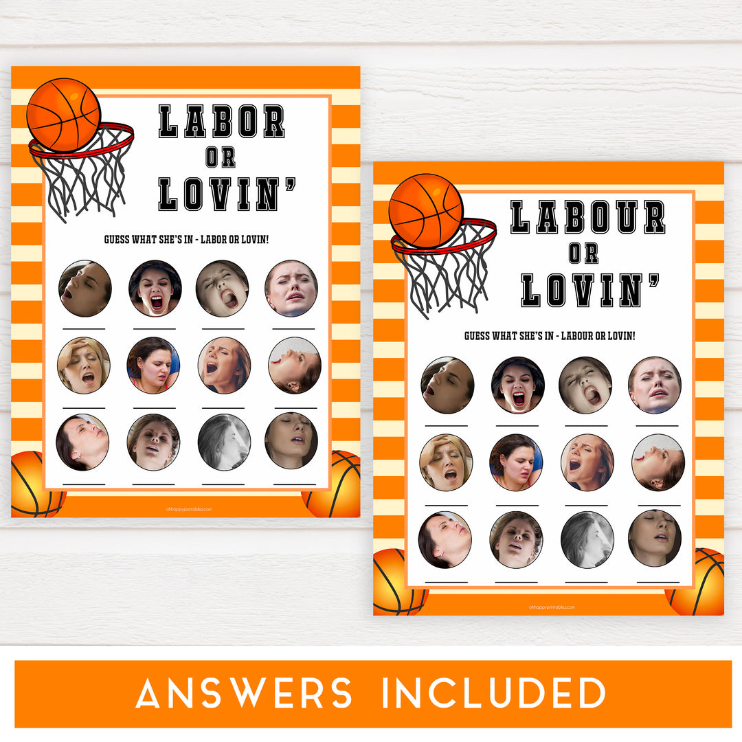 Basketball baby shower games, labor or lovin, labour or lovin baby game, printable baby games, basket baby games, baby shower games, basketball baby shower idea, fun baby games, popular baby games
