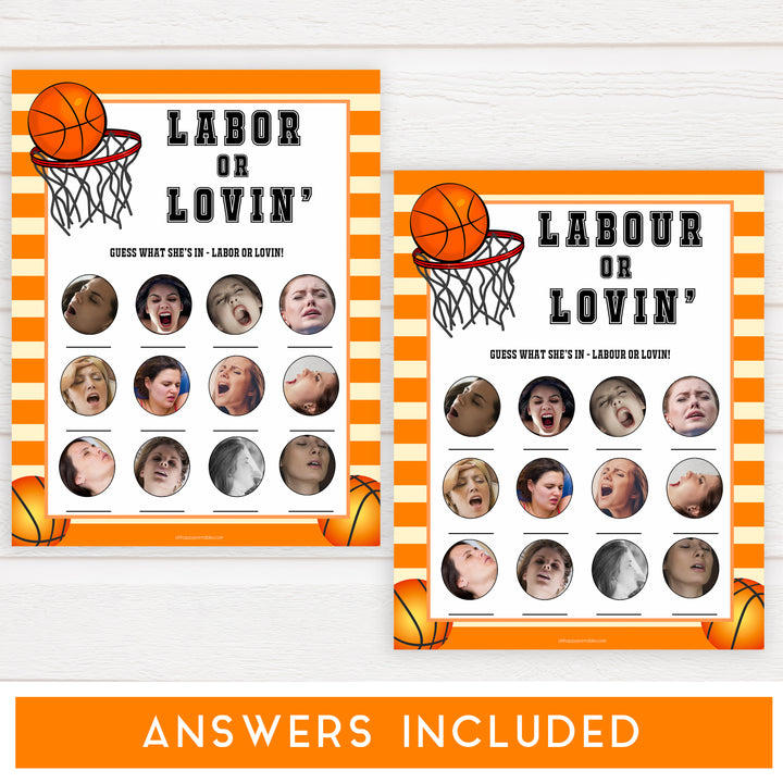 Basketball baby shower games, labor or lovin, labour or lovin baby game, printable baby games, basket baby games, baby shower games, basketball baby shower idea, fun baby games, popular baby games
