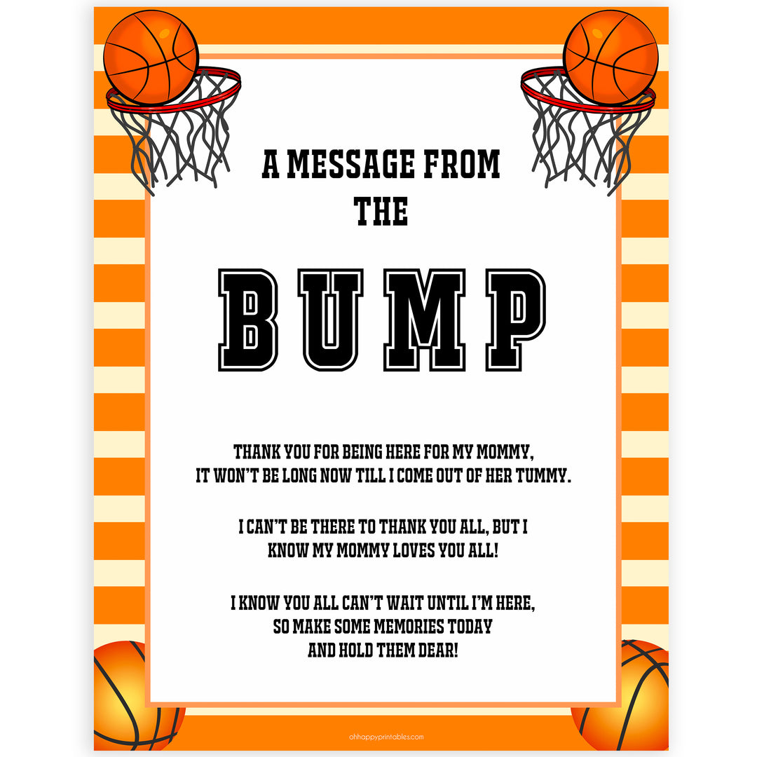 Basketball baby shower games, message from bump baby game, printable baby games, basket baby games, baby shower games, basketball baby shower idea, fun baby games, popular baby games