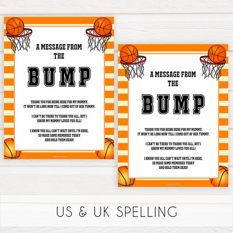 Basketball baby shower games, message from bump baby game, printable baby games, basket baby games, baby shower games, basketball baby shower idea, fun baby games, popular baby games