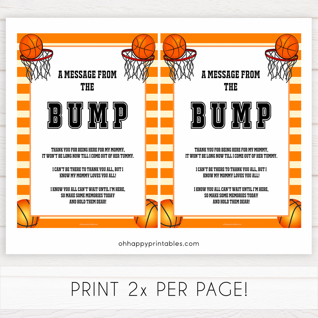 Basketball baby shower games, message from bump baby game, printable baby games, basket baby games, baby shower games, basketball baby shower idea, fun baby games, popular baby games