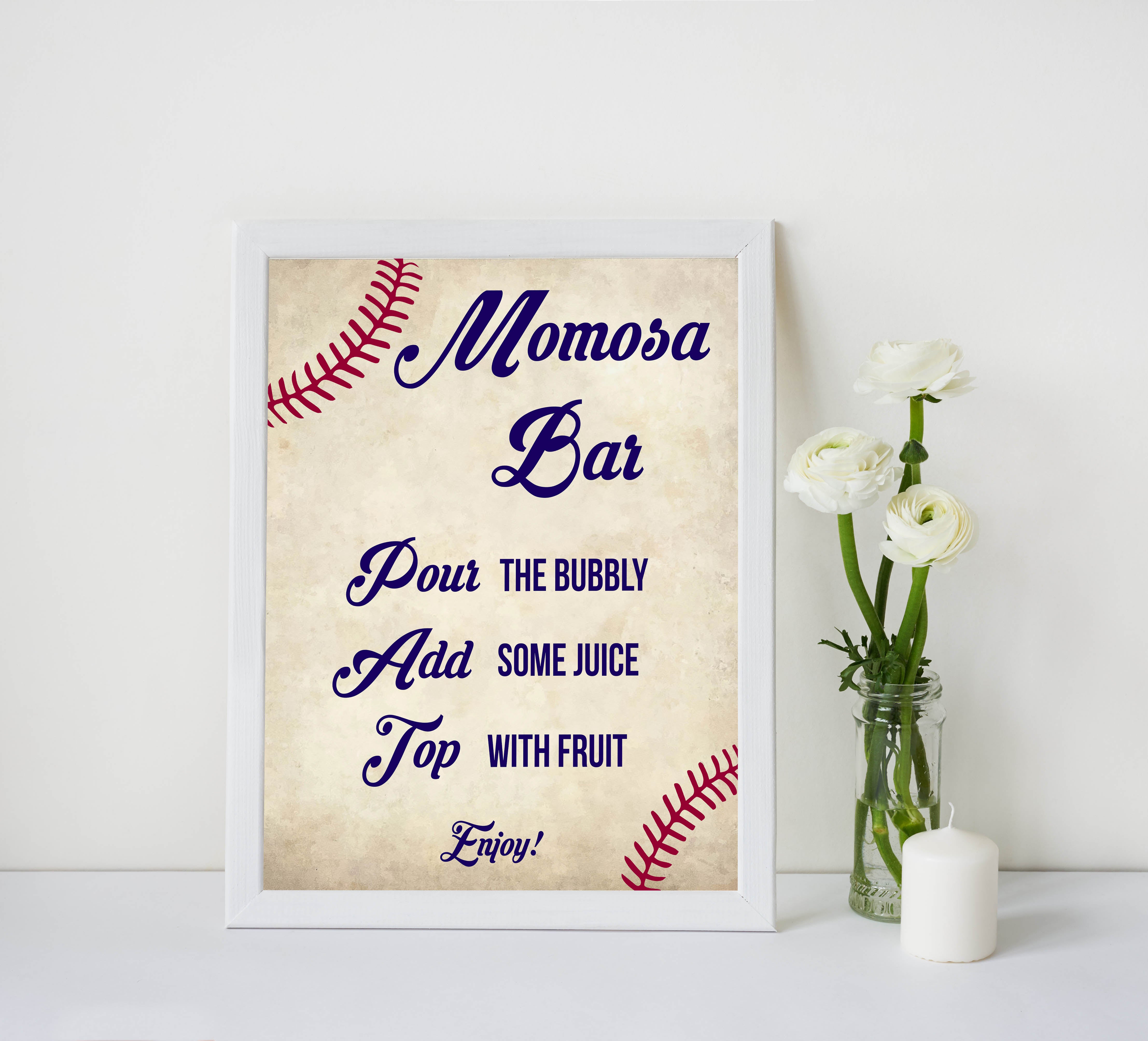 momosa baby sign, momosa baby table sign, Baseball baby signs, baseball baby decor, printable baby shower decor, fun baby decor, baby food signs, printable baby shower ideas