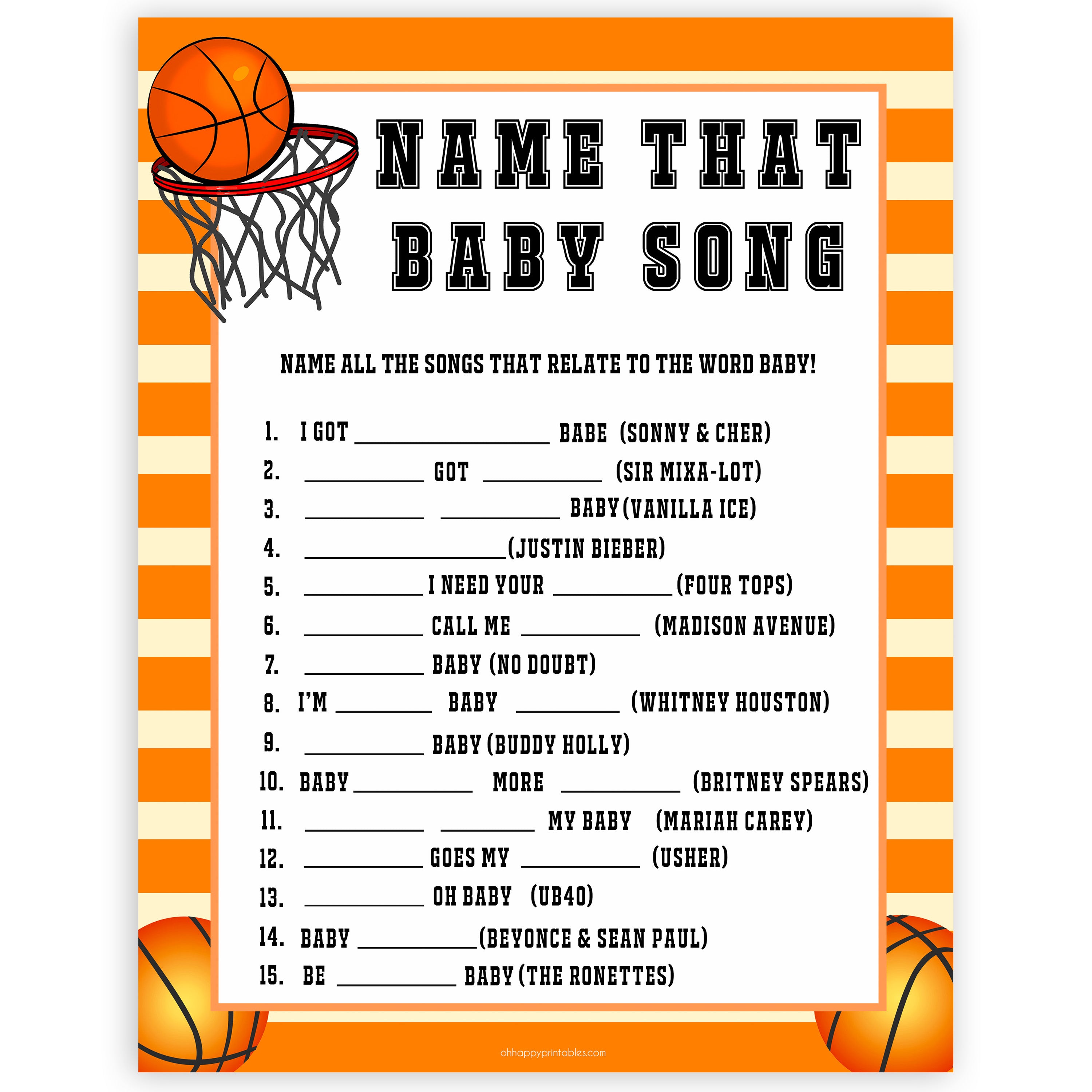 Basketball baby shower games, name that baby song baby game, printable baby games, basket baby games, baby shower games, basketball baby shower idea, fun baby games, popular baby games