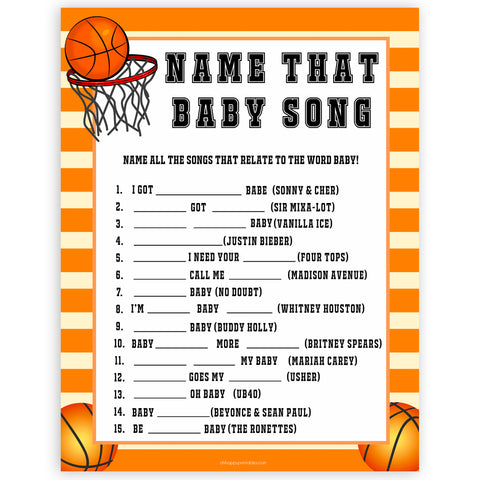 Basketball baby shower games, name that baby song baby game, printable baby games, basket baby games, baby shower games, basketball baby shower idea, fun baby games, popular baby games