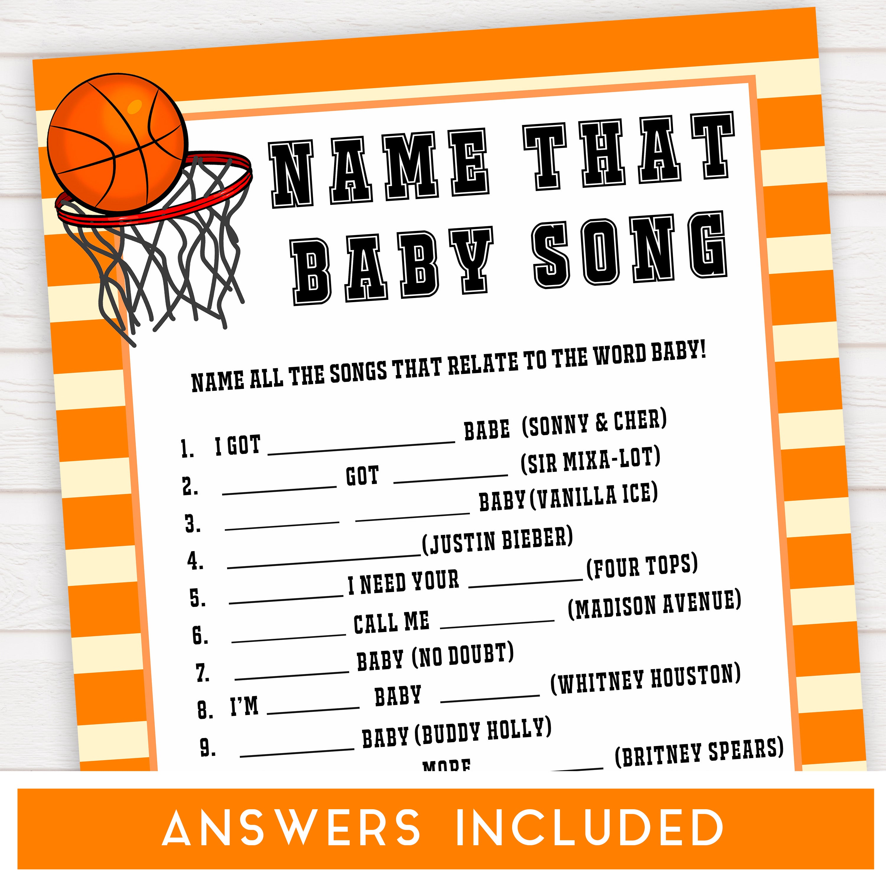Basketball baby shower games, name that baby song baby game, printable baby games, basket baby games, baby shower games, basketball baby shower idea, fun baby games, popular baby games