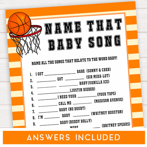 Basketball baby shower games, name that baby song baby game, printable baby games, basket baby games, baby shower games, basketball baby shower idea, fun baby games, popular baby games
