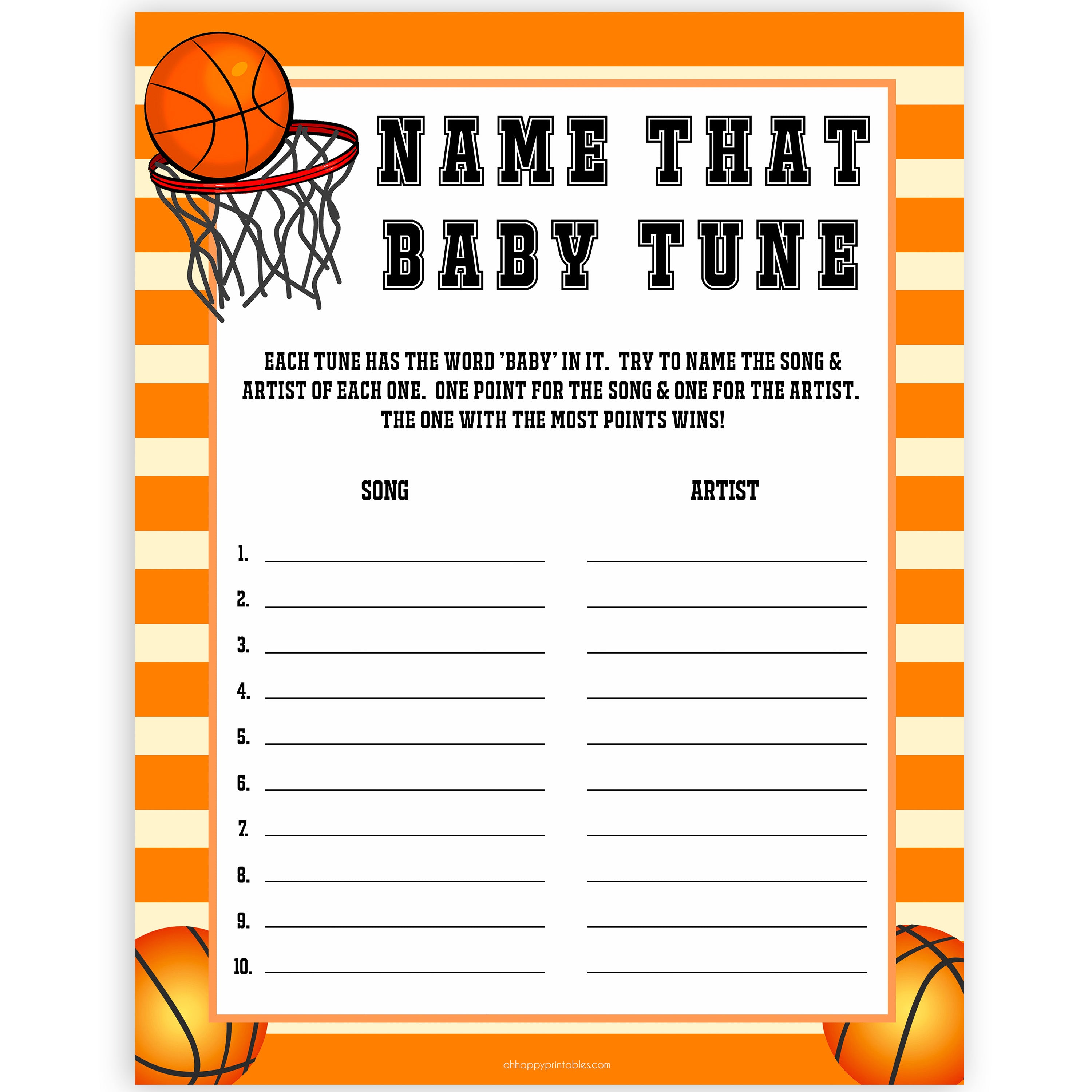 Basketball baby shower games, name that baby tune baby game, printable baby games, basket baby games, baby shower games, basketball baby shower idea, fun baby games, popular baby games