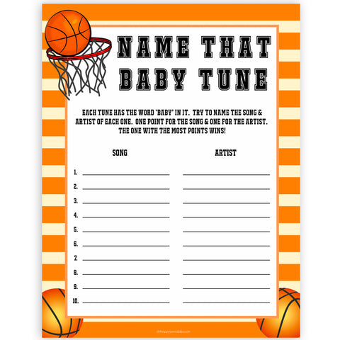 Basketball baby shower games, name that baby tune baby game, printable baby games, basket baby games, baby shower games, basketball baby shower idea, fun baby games, popular baby games