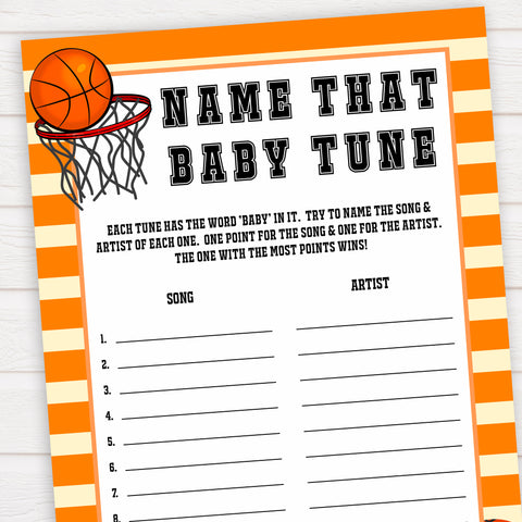 Basketball baby shower games, name that baby tune baby game, printable baby games, basket baby games, baby shower games, basketball baby shower idea, fun baby games, popular baby games
